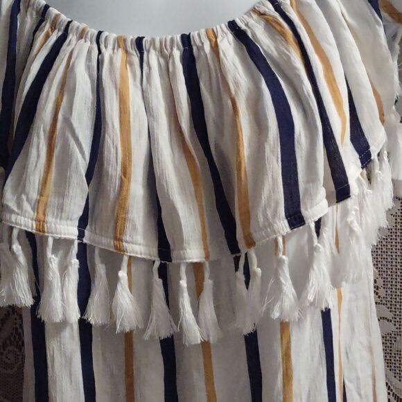 New Kori America Size S Festive Boho Top Navy Gold Stripe Fringe Ruffle Neckline - Picture 2 of 9